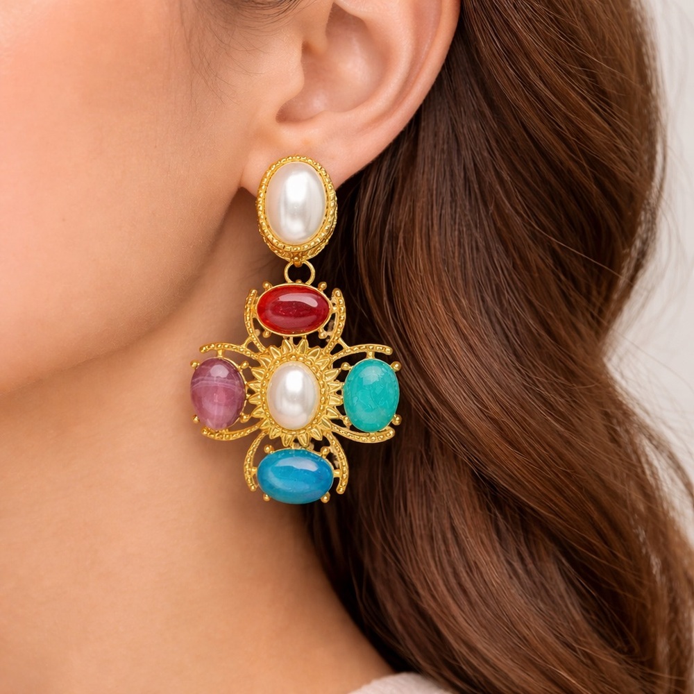 Gold Tone Multicolor Maltese Cross Drop Earrings